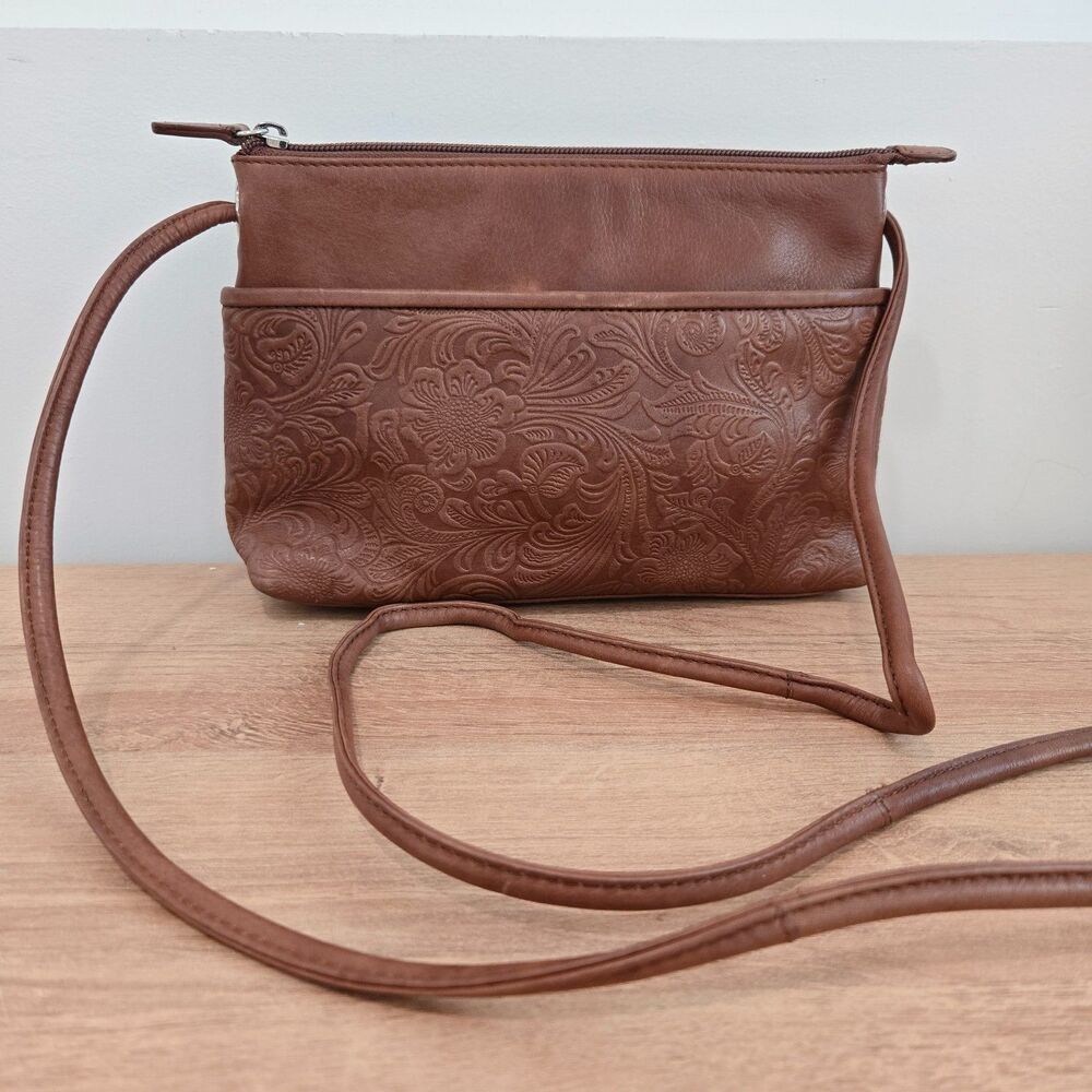 ili Purse Leather Crossbody Shoulder Bag Embossed Floral‎ Brown RFID Lightweight